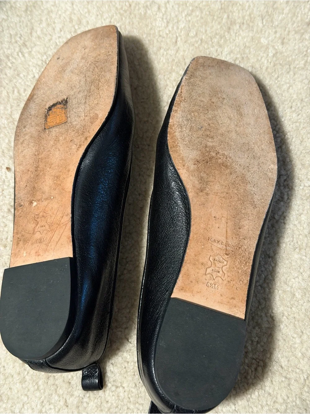 Tory Burch Black Leather Ballet Flats with Gold Logo Accent